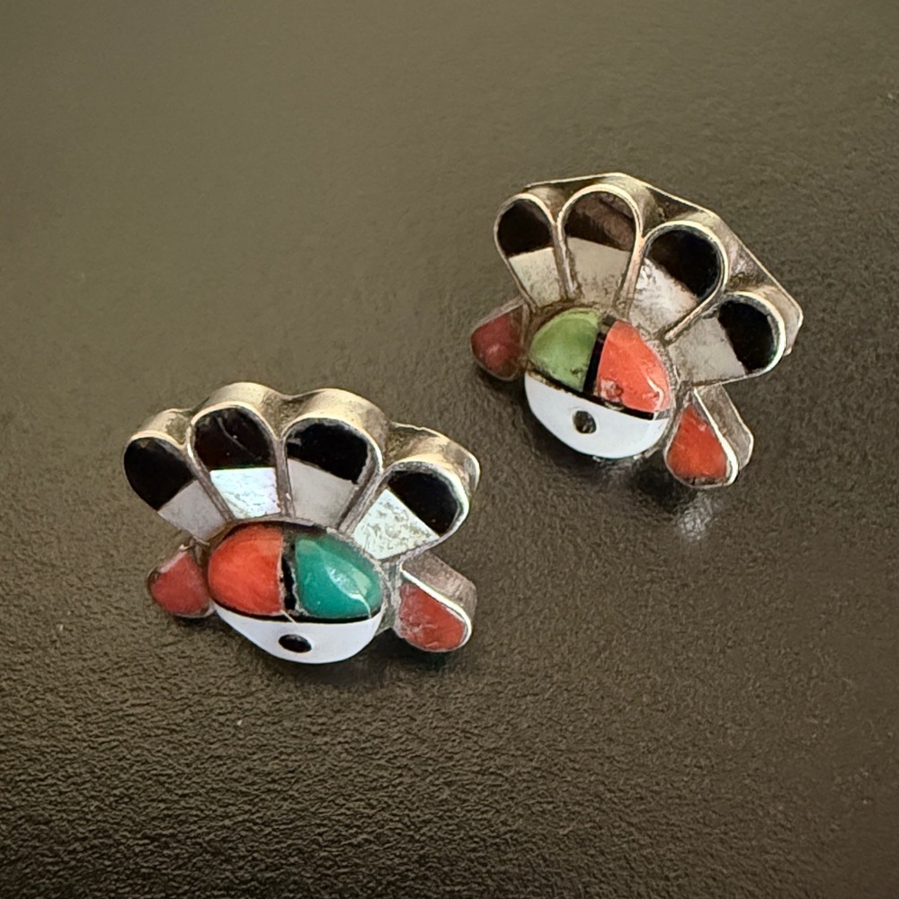 Vintage Native American Zuni silver inlaid earrings 925 sterling turquoise coral